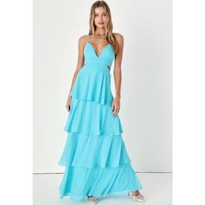 Lulus Tier and Now Blue Tie-Back Cut-Out Tiered Aqua Blue Chiffon Maxi Dress NWT
